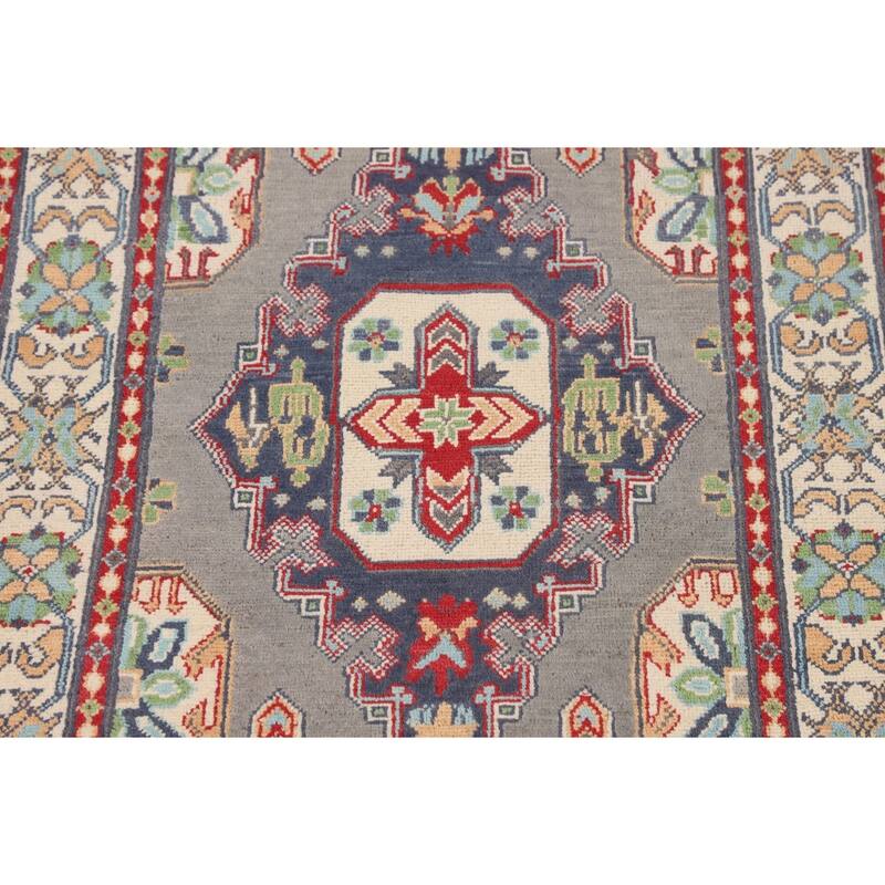 Geometric Kazak Accent Rug Handmade Grey Wool Carpet - 3'1" x 5'1"