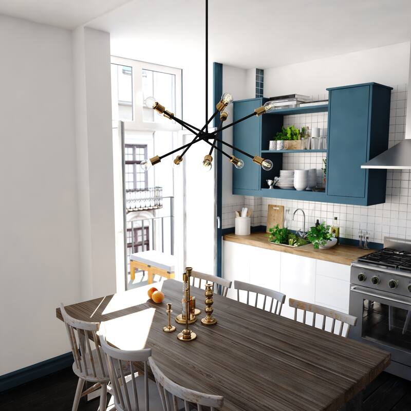 Gresham 10 Light Gold Brass and Black Mid-Century Modern Chandelier Adjustable Arms - 34.25-in W x 14.75-in H x 34.25-in D