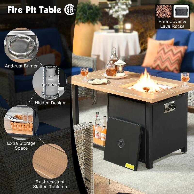 OVIOS 5-piece Patio Wicker Conversation Set With Fire Table