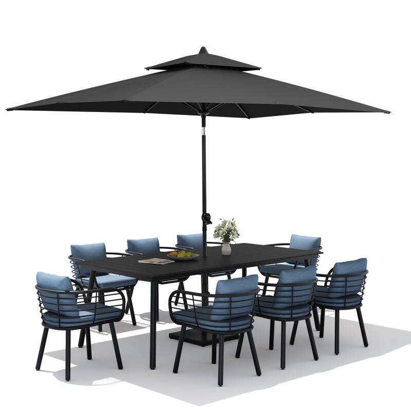 11PC Outdoor Patio Dining Set Aluminum Table with Sunbrella Cushion Chairs w/ Market Umbrella Sets