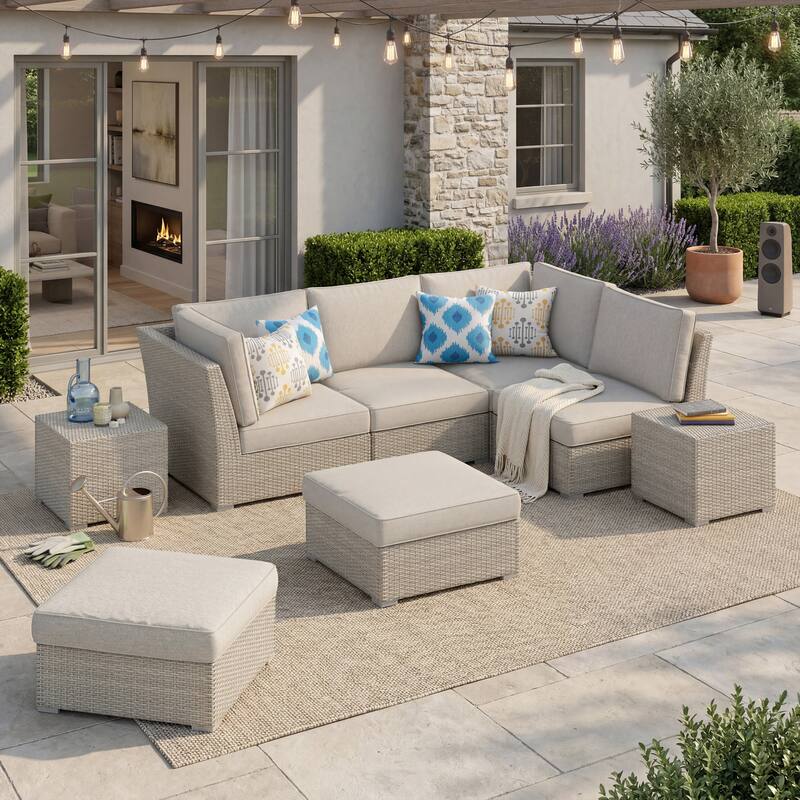 Corvus Looe 8-Piece Outdoor Sectional Set with Deep Seating, Aluminum Wicker Conversation Sofa with Ottomans