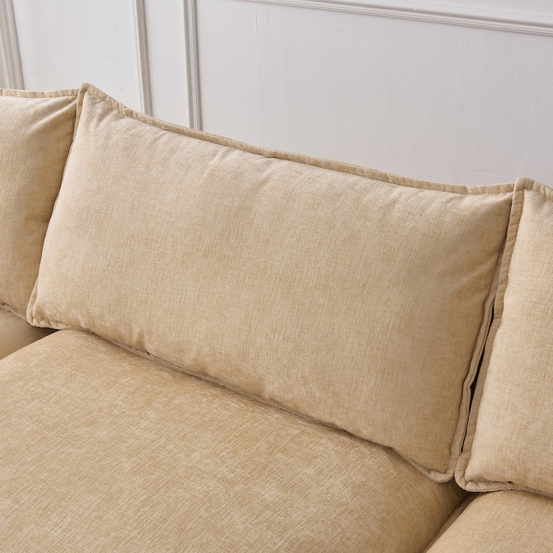 Chenille Upholstered L-shaped Sectional Sofa 3 Seater Modular Couch with Ottoman, Pillows and Double Layer Seat Cushions