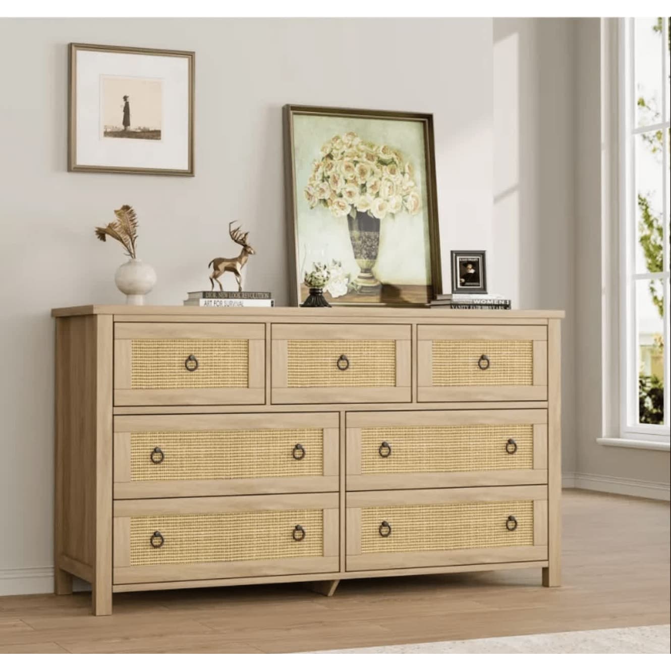 Modern Rattan Chest Tall with Drawers, Boho Night Stand Large Clothes Storage for Nursery Living Room