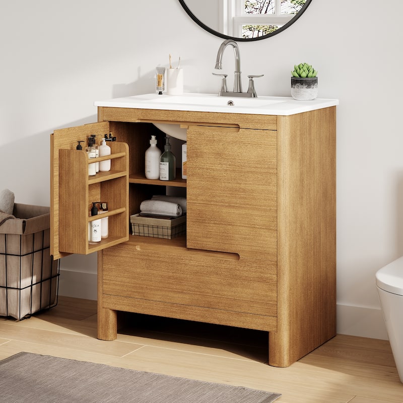 30" Modern Solid Wood Frame Bathroom Vanity Set with Ceramic Sink, Natural Wood Grain Cabinet & Soft-Close Doors