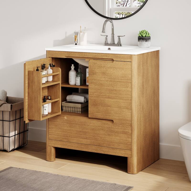 30"Softened Modern Bathroom Vanity with Ceramic Sink, Solid Wood Frame, Soft-Close Doors & Drawer, Adjustable Shelf