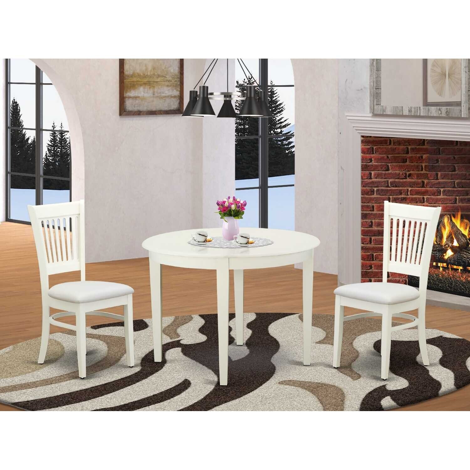 Modern 3-Piece Dining Set - Round Table & 2 Wood Chairs - Linen White & Black Finish
