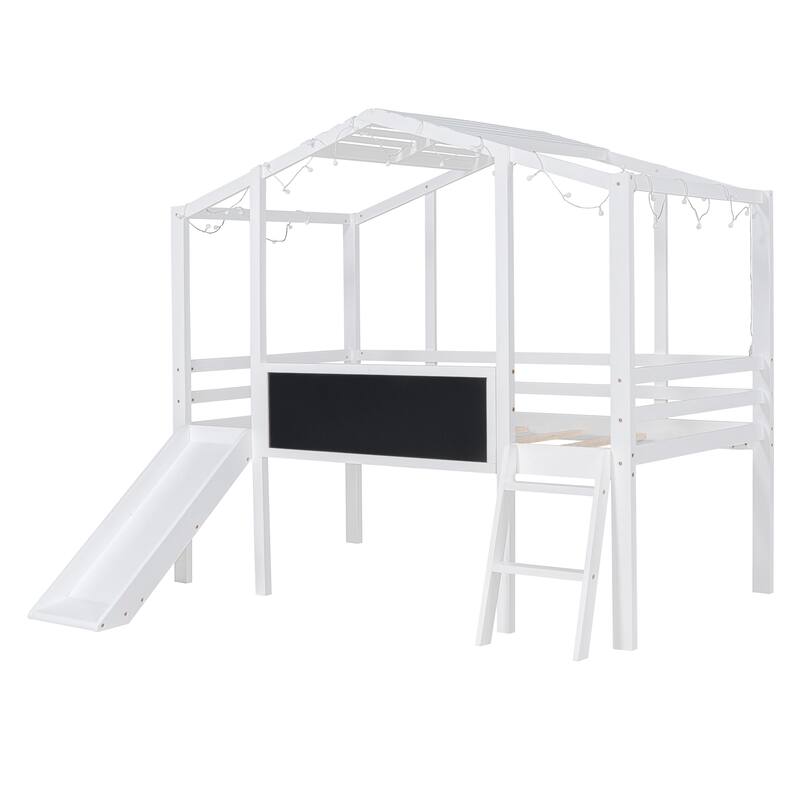 Twin Loft Bed with Slide, Ladder, Blackboard, and Light Strip, White and Gray