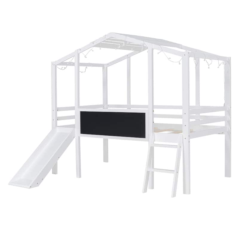 Twin Size Loft Bed House Bed with Slide, Light Strip and Blackboard