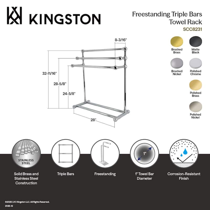 Kingston Brass Maximilien 28" Freestanding Pedestal 3-Tier Towel Rack