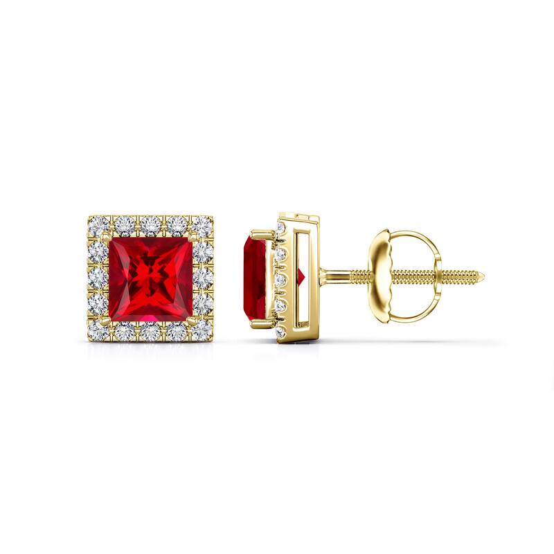 Auriya 14k Gold Lab Grown Gemstone Ruby Stud Earrings Princess 0.25 to 5.00 ct. tw. Halo Screw-Back - 5.00ct tgw. - Yellow