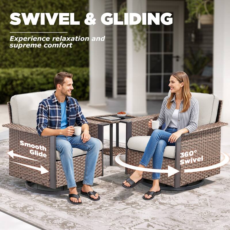 Pocassy Outdoor Wicker 3-Piece Swivel Chair with Side Table