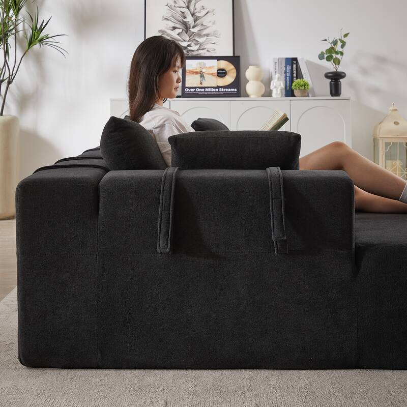 Chenille Upholstered Sleeper Sofa Bed L-shaped Sectional Sofa Free Combination Couch Set with Loveseat and Single Chaise Lounge