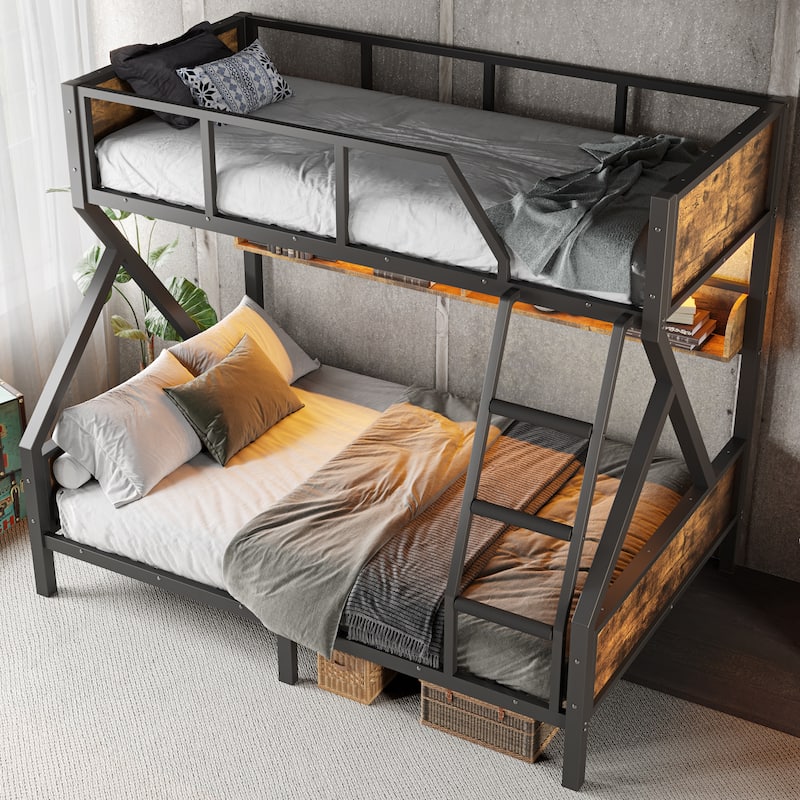 Twin XL over Queen Bunk Bed with Storage Shelves, Lights and Noise-Free Design