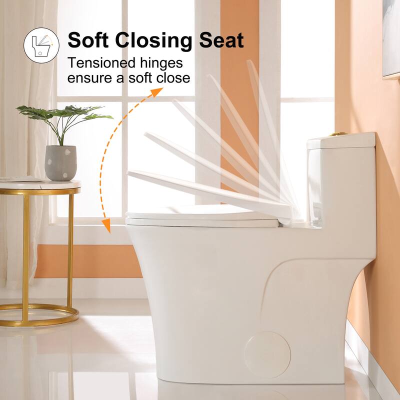 HOROW One-Piece 0.8/1.28 GPF Dual Flush Elongated Toilet in White Seat Included and Brushed Gold Button - 12'' rough in