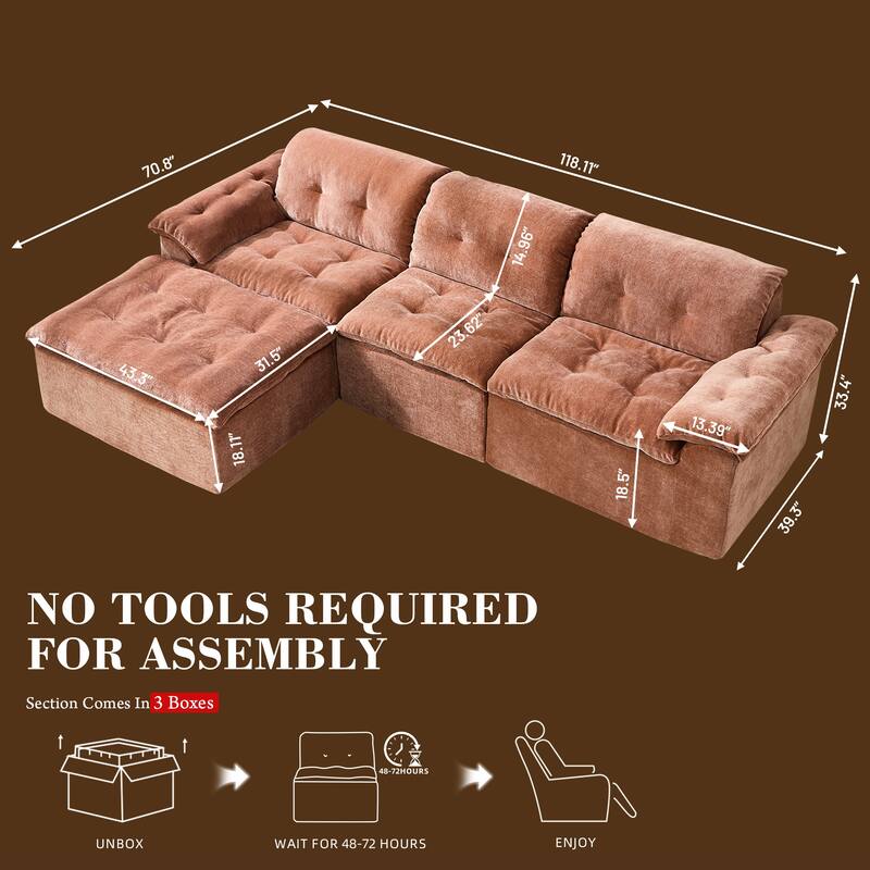 Rossetta L-Shaped Modular Chenille Cushioned Extreme Comfort Sofa with Detachable Backrest and Armrests, 1 Removable Ottoman