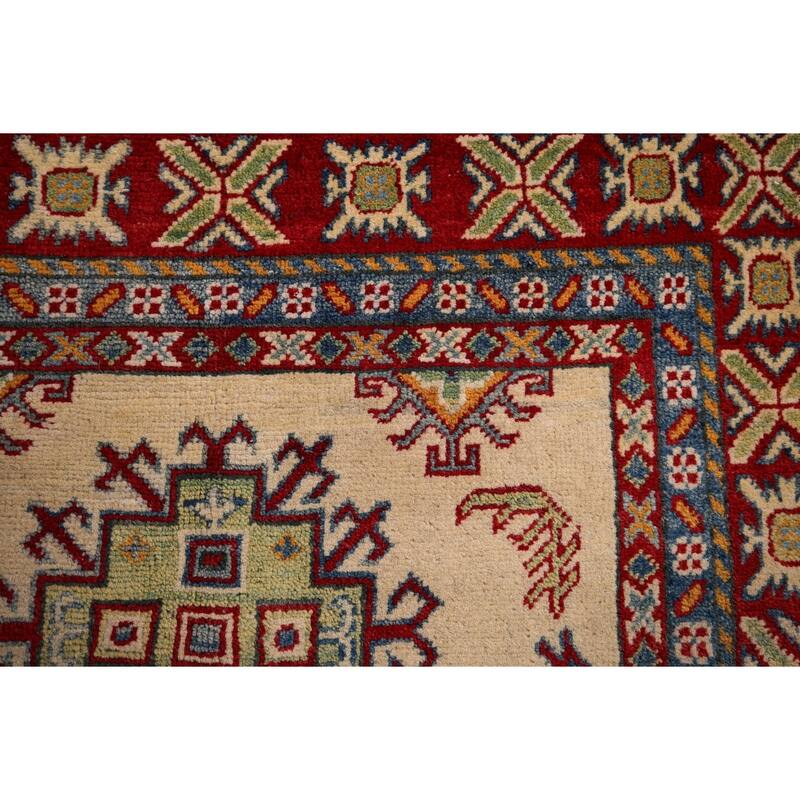 Geometric Beige Kazak Accent Rug Hand-Knotted Wool Carpet - 3'3" x 5'1"