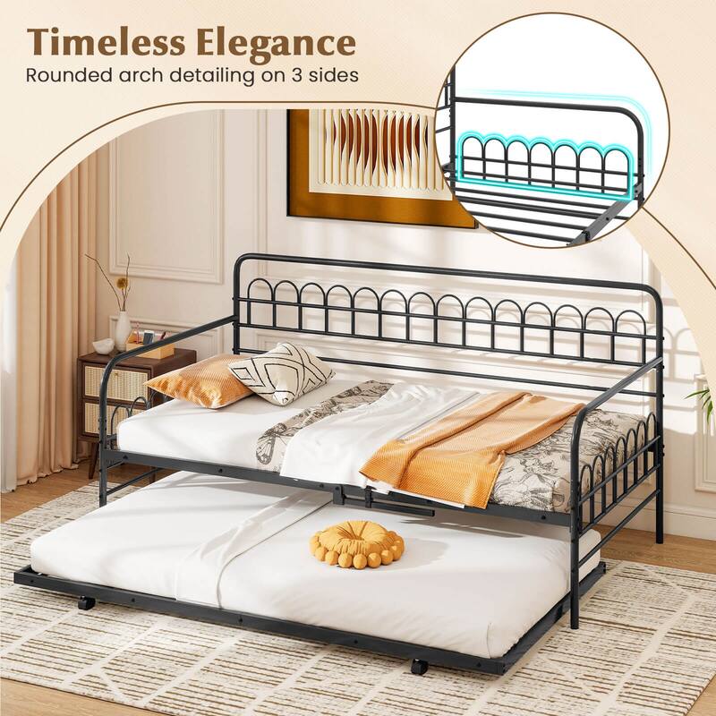 Costway Twin Daybed with Trundle Curved Backrest & Armrests Heavy-duty