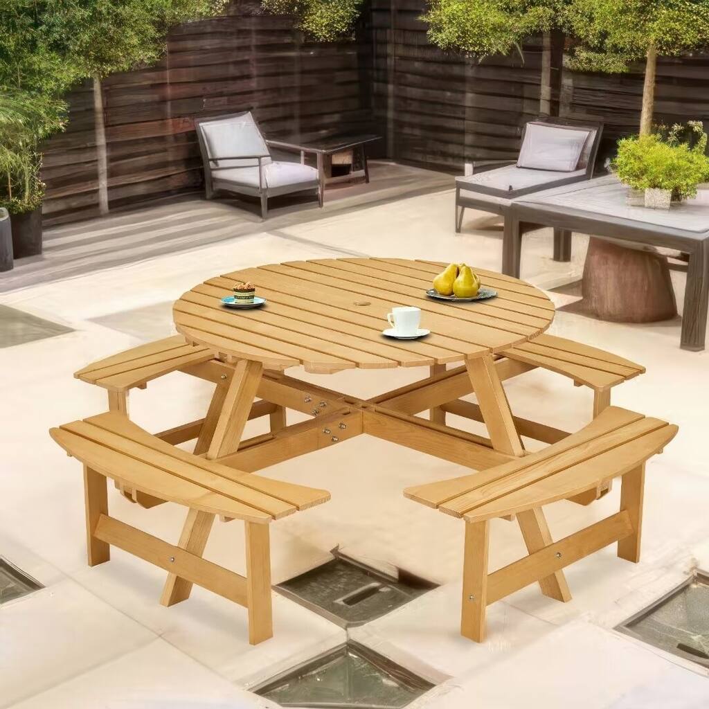 Outdoor 8 Person Picnic Table,Round Picnic Table w/ 4 Built-in Benches - 43.5"*43.5"*27.5"