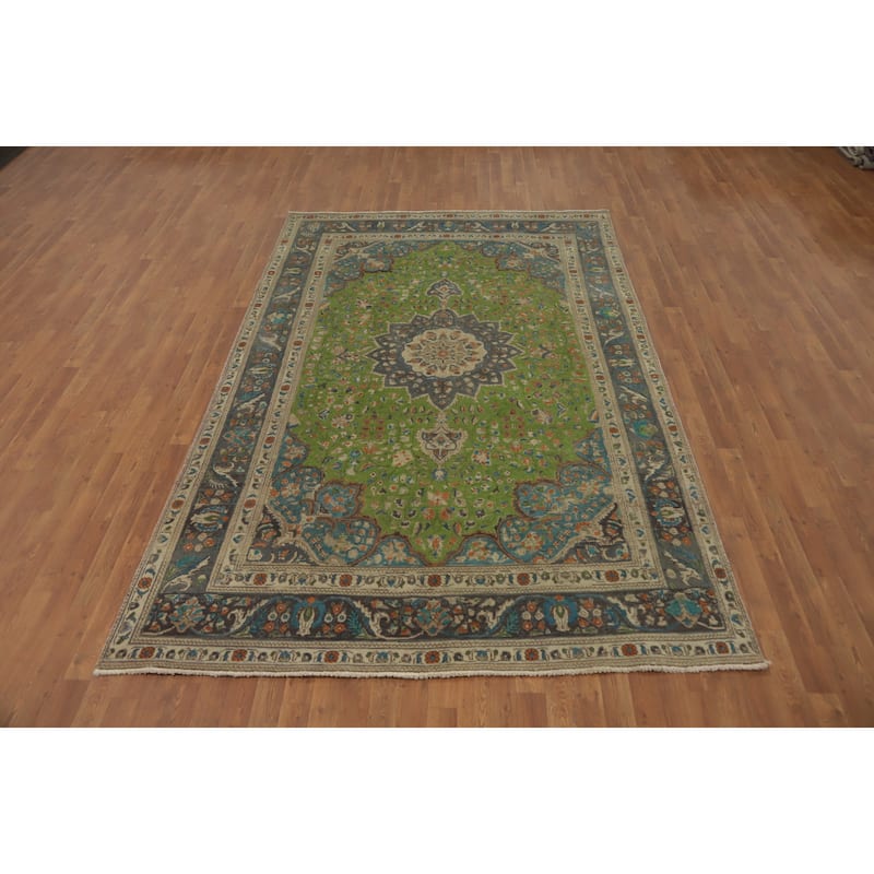 Hand Knotted Oriental 100% Wool Carpet Traditional Medallion Green Tabriz Area Rug - 9' 10'' X 6' 5''