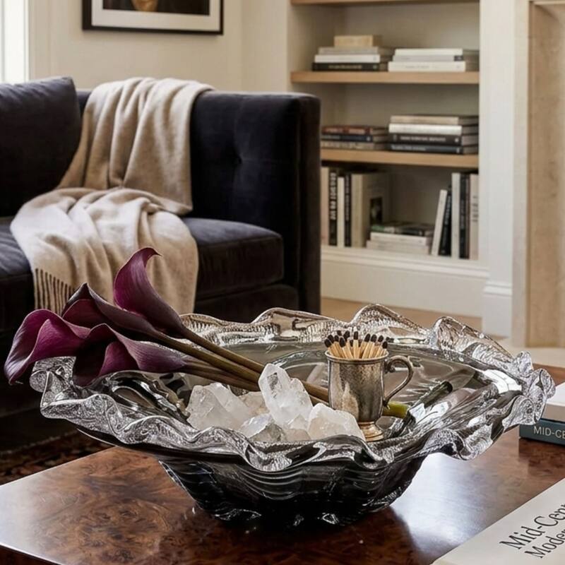 Aria Home Cascade Petal Platter Scalloped Edge Glass Decorative Bowl