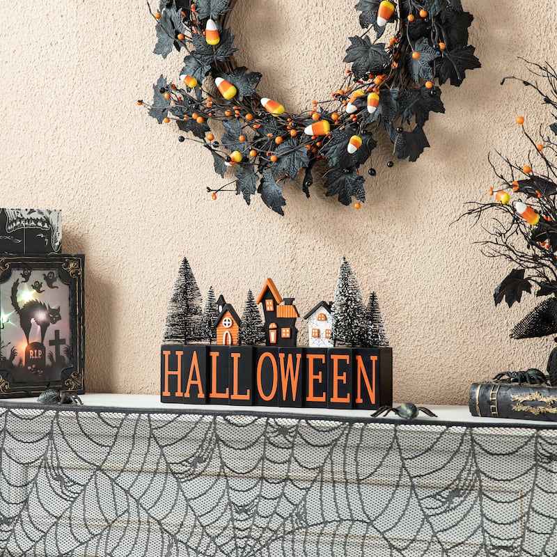 Glitzhome 14"L Halloween Wooden HALLOWEEN Haunted House Table Sign