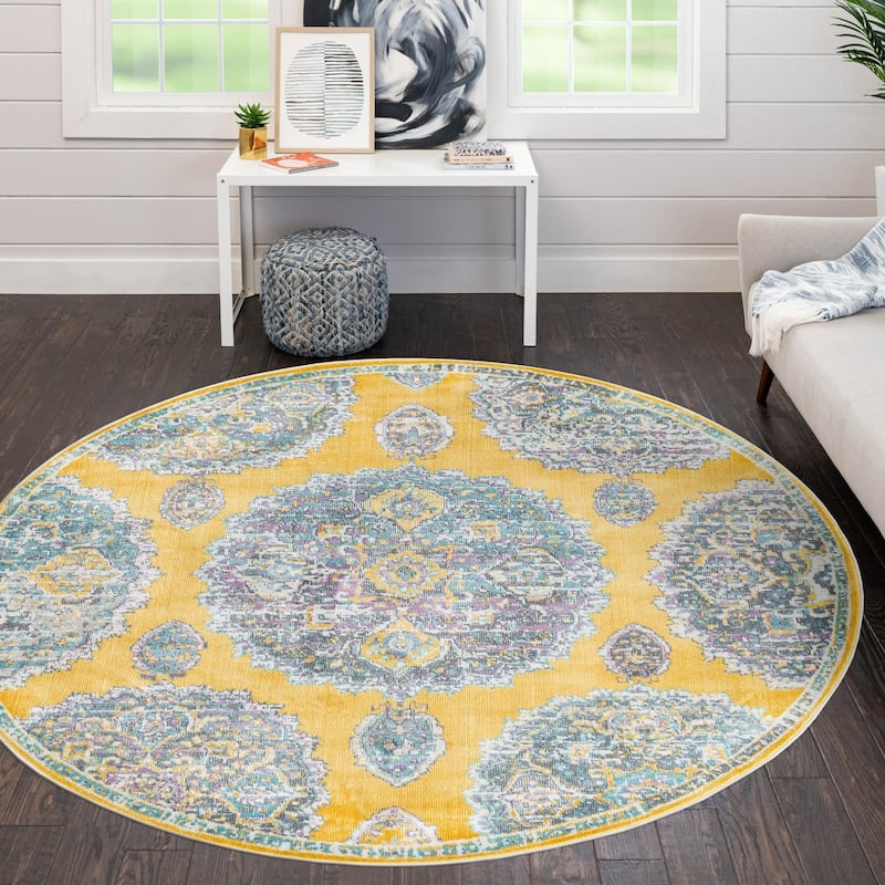 Transitional Laka Collection Area Rug - Yellow - 8'2" Round
