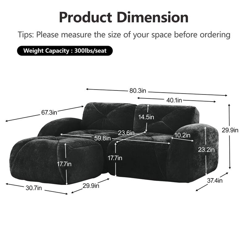 Velvet Tufted Loveseat Sofa Modular Couch, Boneless Deep Seat 2-Seater Couch, Available with/without Ottoman