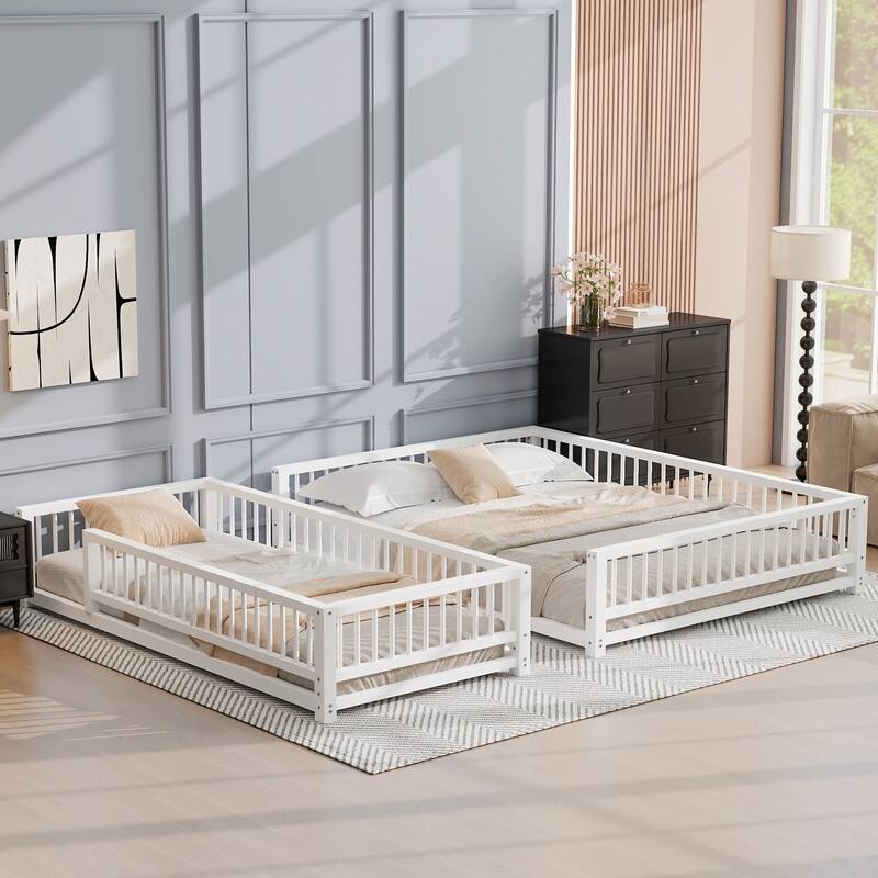 Twin/Full XL over Queen Size Metal Bunk Bed with Ladder and Safety Guardrails, Convertible Bed Frame to Two Floor Beds