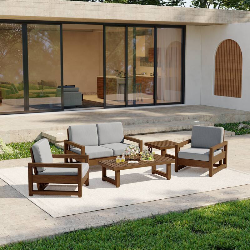5-Piece Outdoor Solid Teak Wood Patio Conversation Set