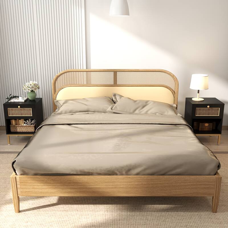 Rattan End Table/ Nightstand with Drawer, Farmhouse Boho Bed Side Table