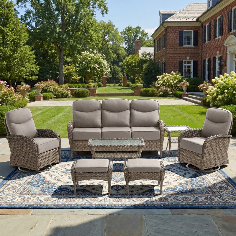 Pocassy Outdoor Wicker Patio Sofa with Swivel Chair Table and Ottomans - Brown Wicker Gray Cushion - 7-Piece Sofa Swivel Chair Ottoman with Table