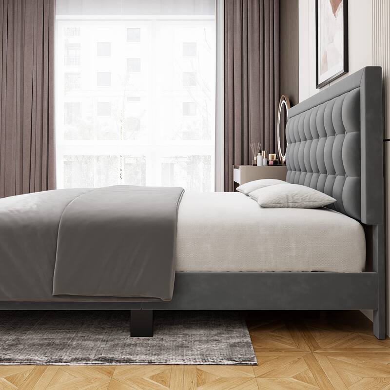 Modern Upholstered Platform Bed with Button Tufted Headboard