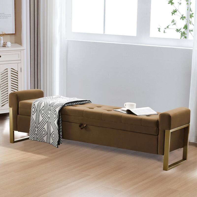 66" Storage Bench for Bedroom End of Bed with Single Lids and Gold Legs