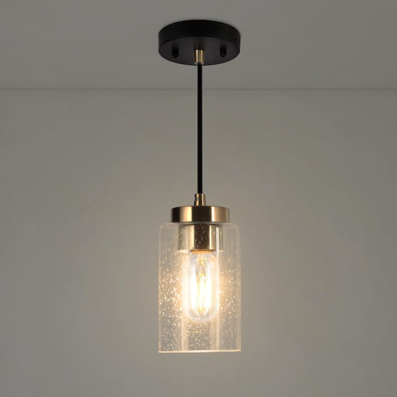 Modern Farmhouse 1-Light Black Gold Dimmable Kitchen Island Lights Cylinder Seeded Glass Pendant Lights for Dining Room