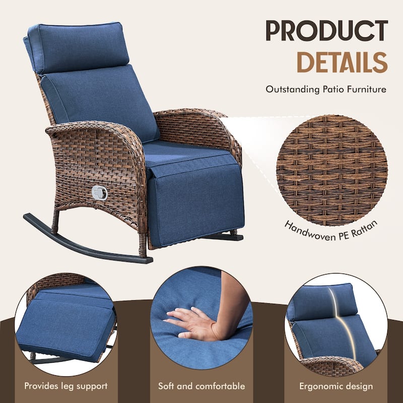 Meyreso Wicker Rocking Reclining Chaise Lounge with Adjustable Backrest & Footrest (2-Pack)