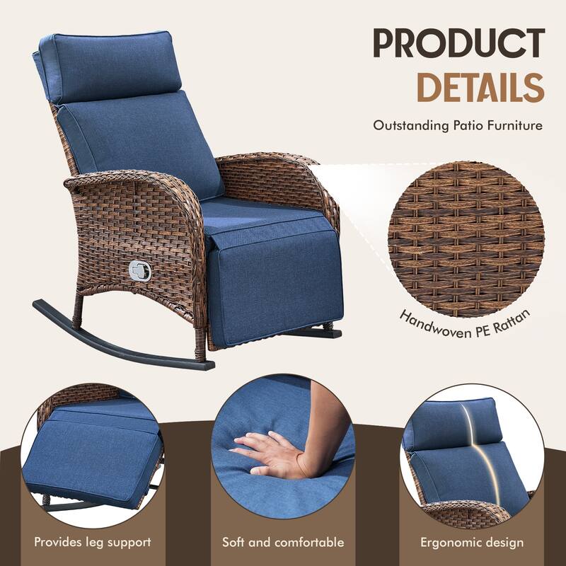 Meyreso Wicker Rocking Reclining Chaise Lounge with Adjustable Backrest & Footrest (4-Pack)