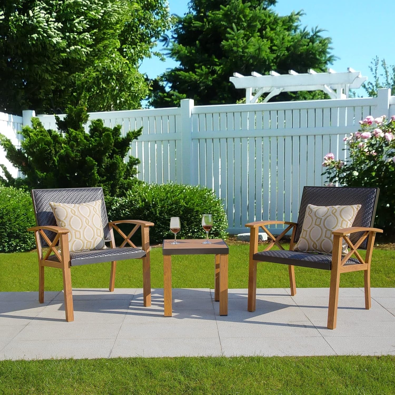 Patio Bistro Set with Wicker Padded Porch Chairs, Outdoor Conversation Set with Pillows & Coffee Table