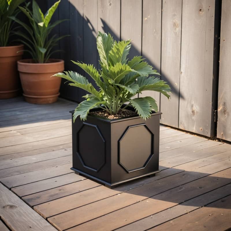 Sprout Handcrafted Square Fiberstone Garden Planter, Durable Weatherproof Plant Pot with Drainage for Outdoor Landscaping - 18" - Black