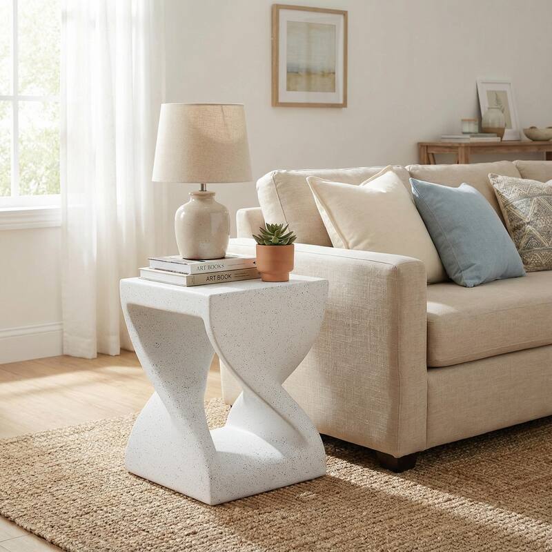 Christopher Knight Home - Modern 13.39'' Twisted Pedestal MGO Side Table for Indoor and Outdoor Use - 13.39"W/White Marble