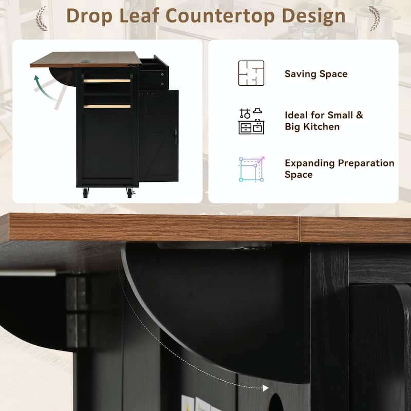 53.5'' Farmhouse Kitchen Island - Power Outlet, Drop Leaf, Spice Rack, Drawer, Rolling Cart on Wheels