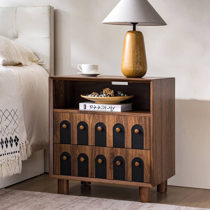 Rossetta Mid-Century Minimalist Style Built-In Charging Station Nightstand with Small Archway Mirror Cuts Drawer Doors - Walnut