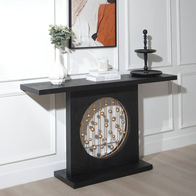 56" Console Table with Circular Cutouts & Gold Accents
