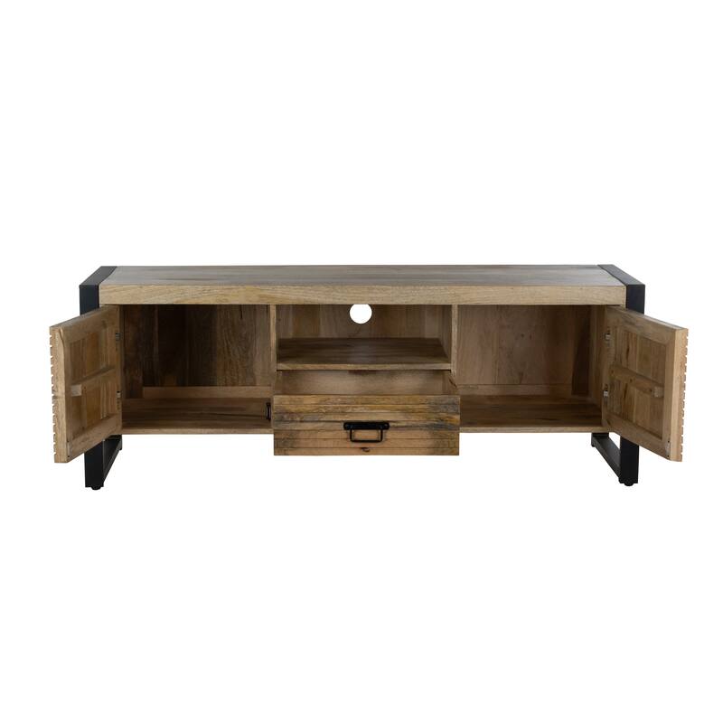60" Groove Mango Wood TV Stand with Drawer and Black Iron Frame