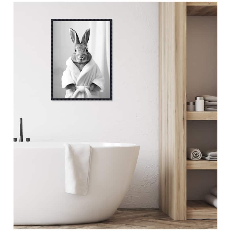 Kate and Laurel Sylvie Bunny Bathroom Art Towel Robe Black and White Framed Canvas by The Creative Bunch Studio