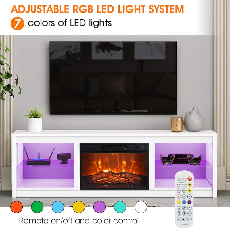66" White Modern Electric Fireplace TV Stands Console for 75-inch TV with Remote - 66 in console width