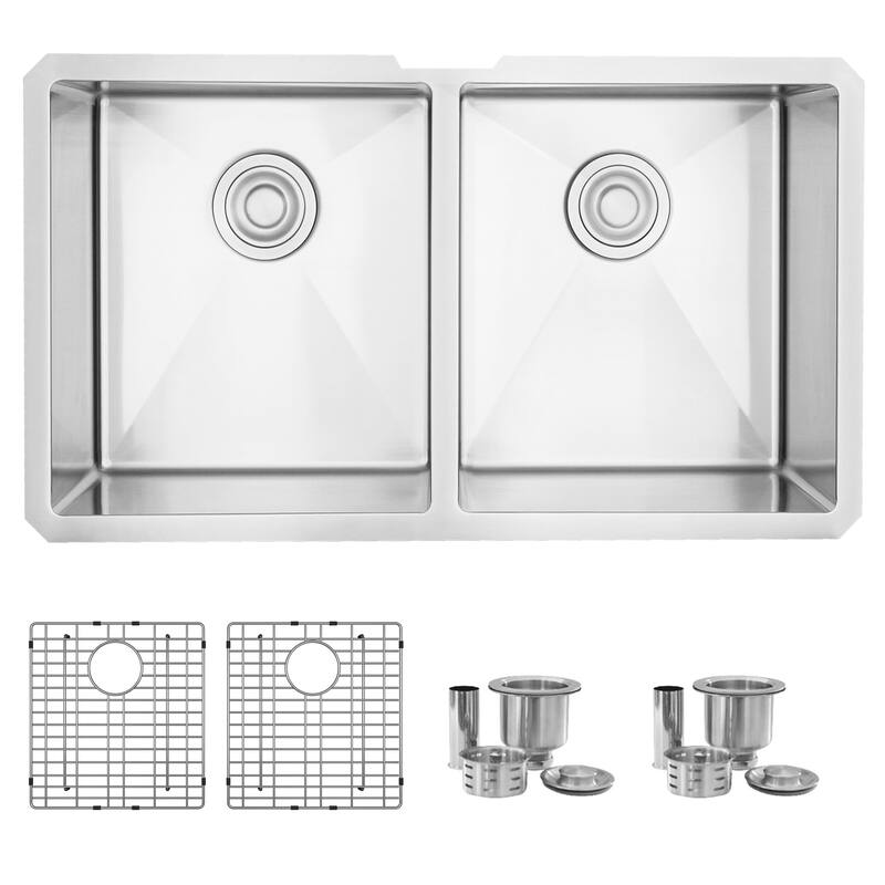 Stylish Undermount 32" Double-Bowl Stainless Steel 18G Kitchen Sink S-301G - 32" x 18" x 10"