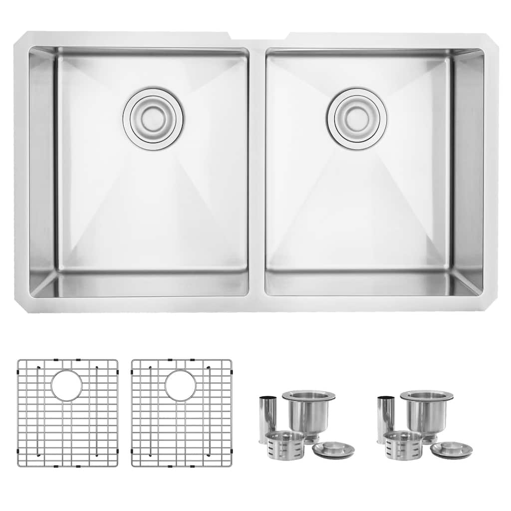 Stylish Undermount 32" Double-Bowl Stainless Steel 18G Kitchen Sink S-301G - 32" x 18" x 10"