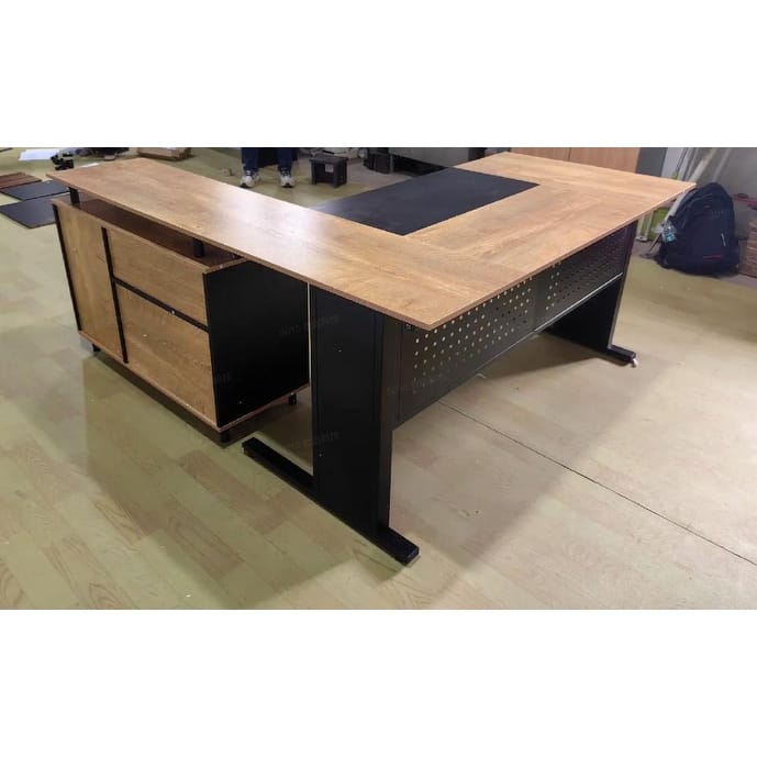 63 Inch Executive Desk with File Cabinet, Large Office Desk L Shaped Computer Desk - Light Brown/Black