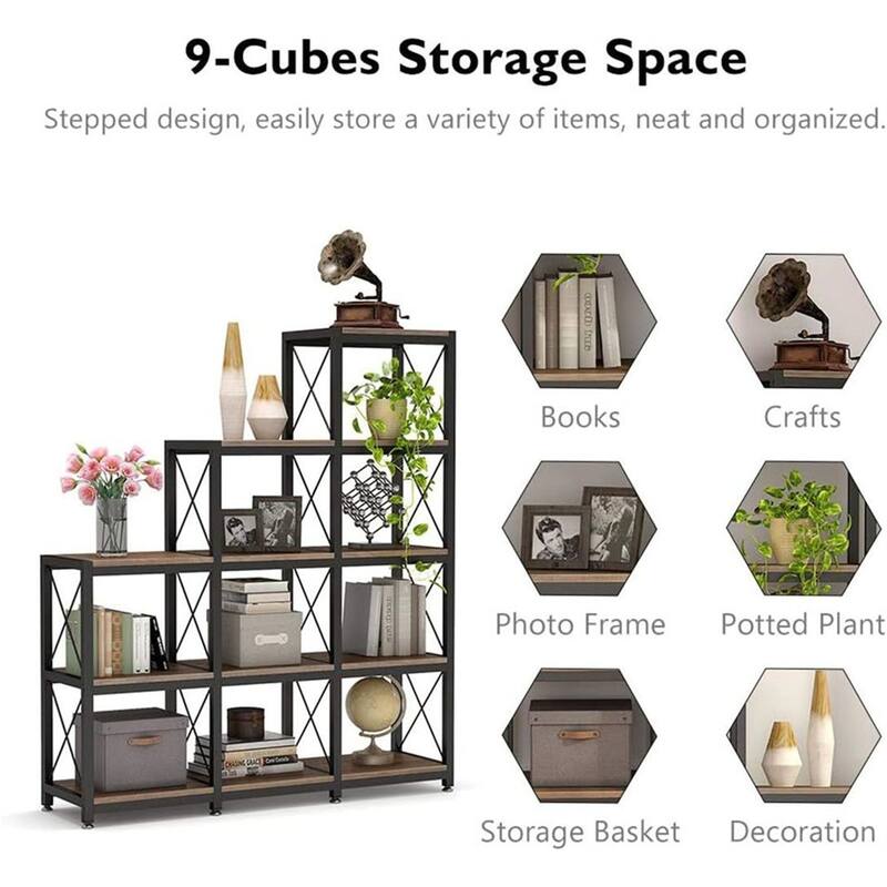 Vintage Industrial 9-Cube Ladder Bookcase