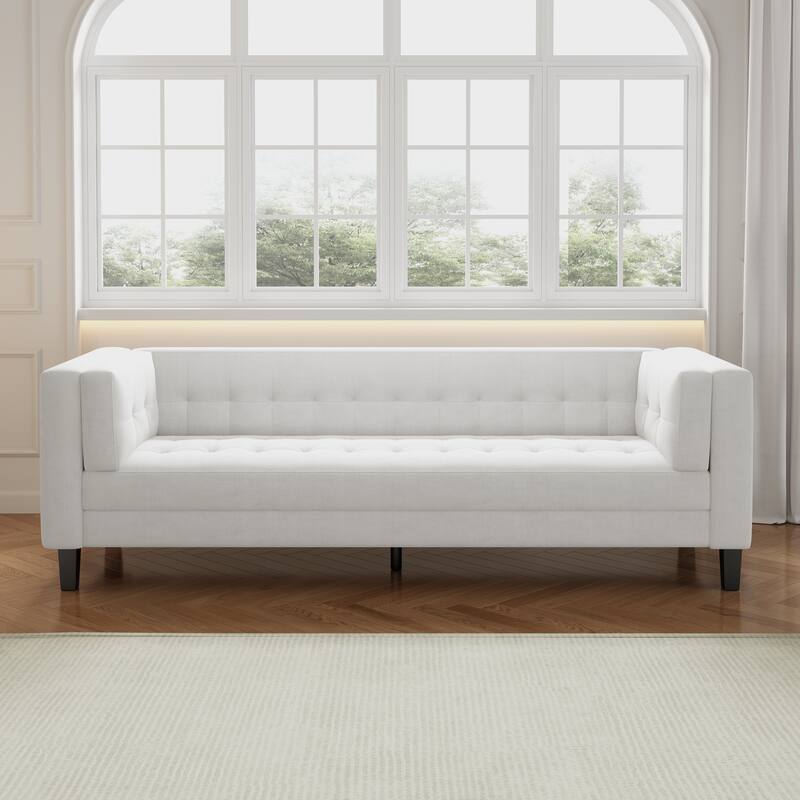 Ivory Velvet Button Tufted 3-seater Sofa with Hardwood Frame